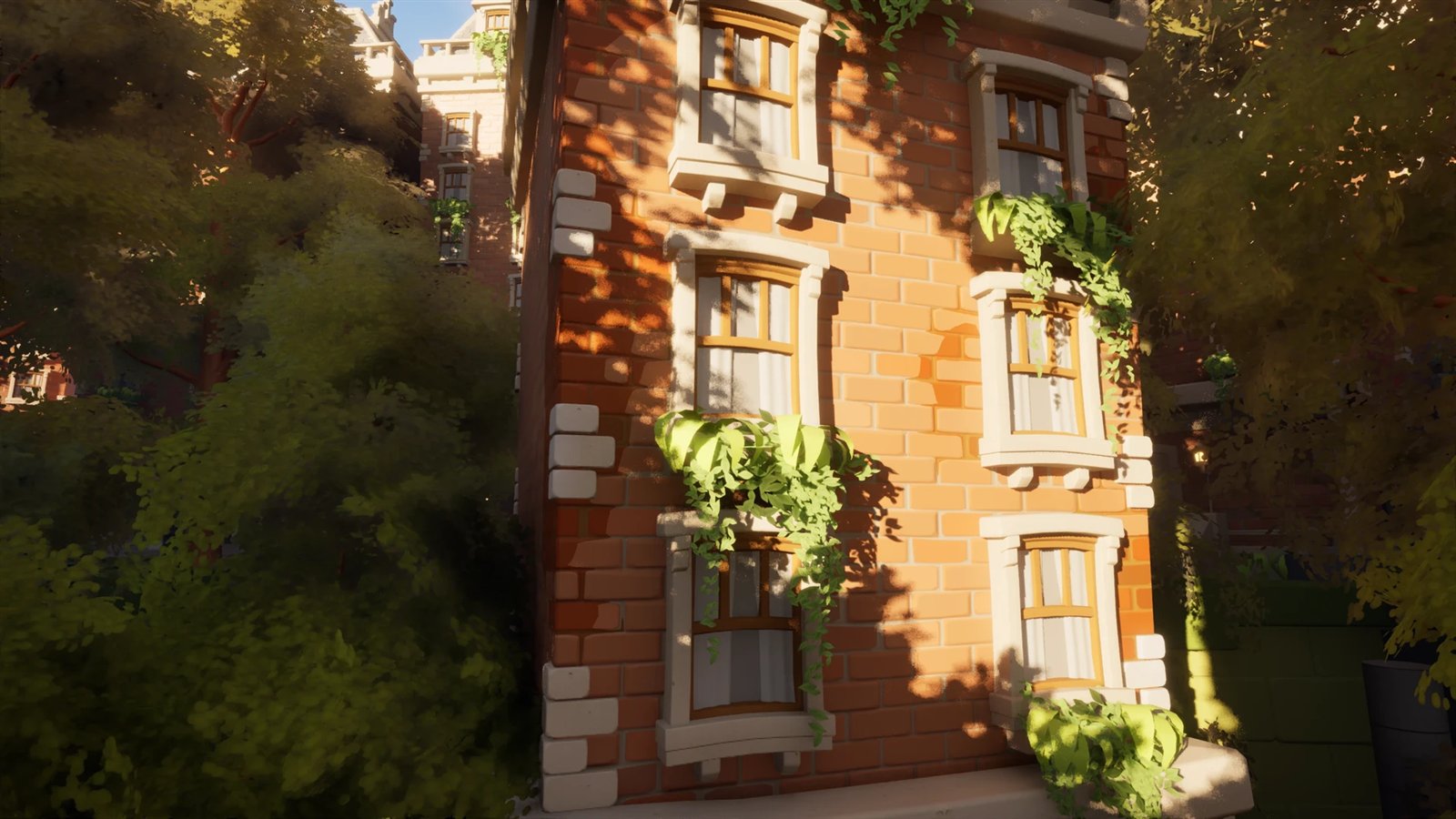 Stylized urban environment with brick buildings and foliage