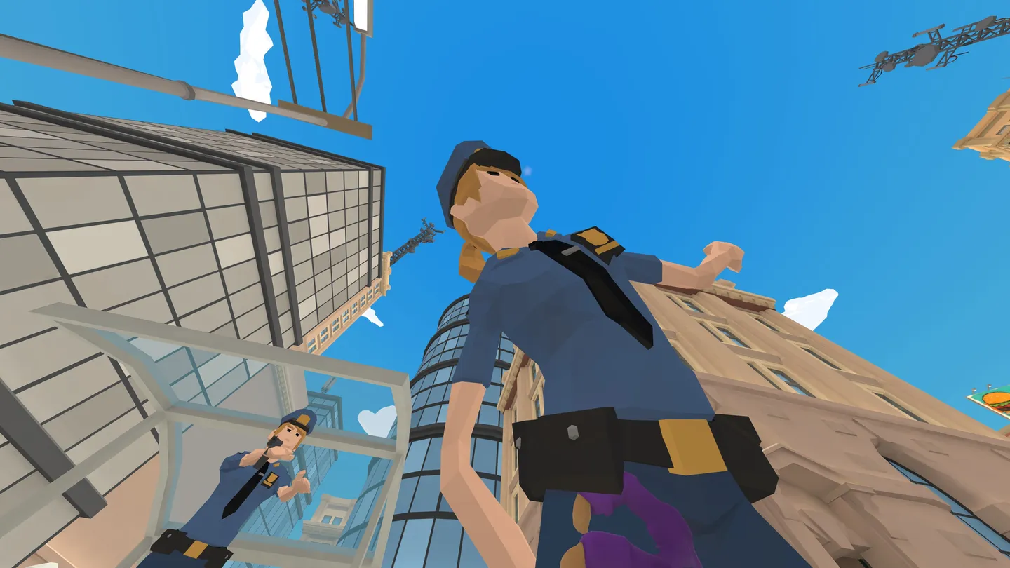 I'm Monster holding a city defender beside a building