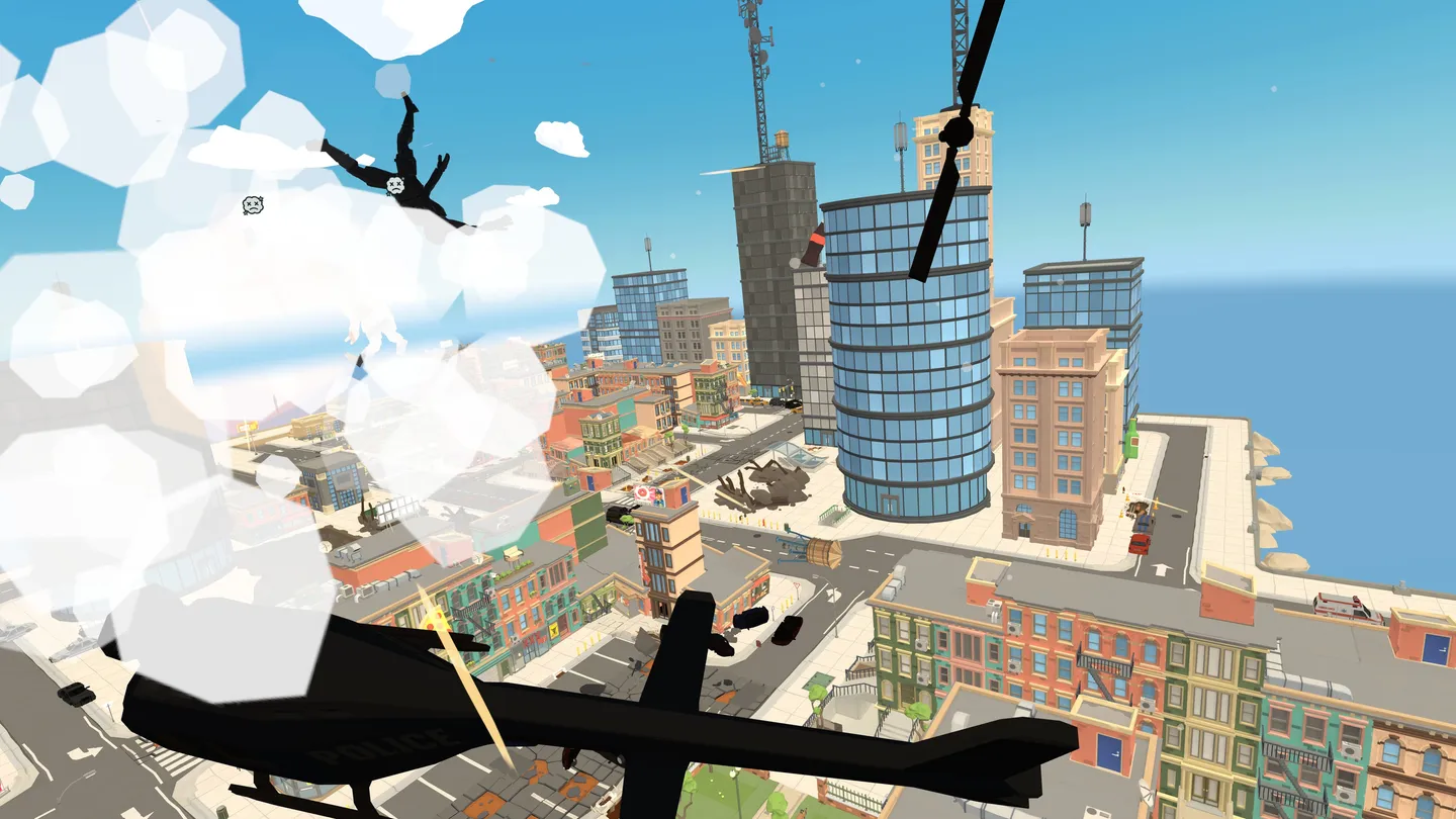 I'm Monster holding a helicopter above the city rooftops