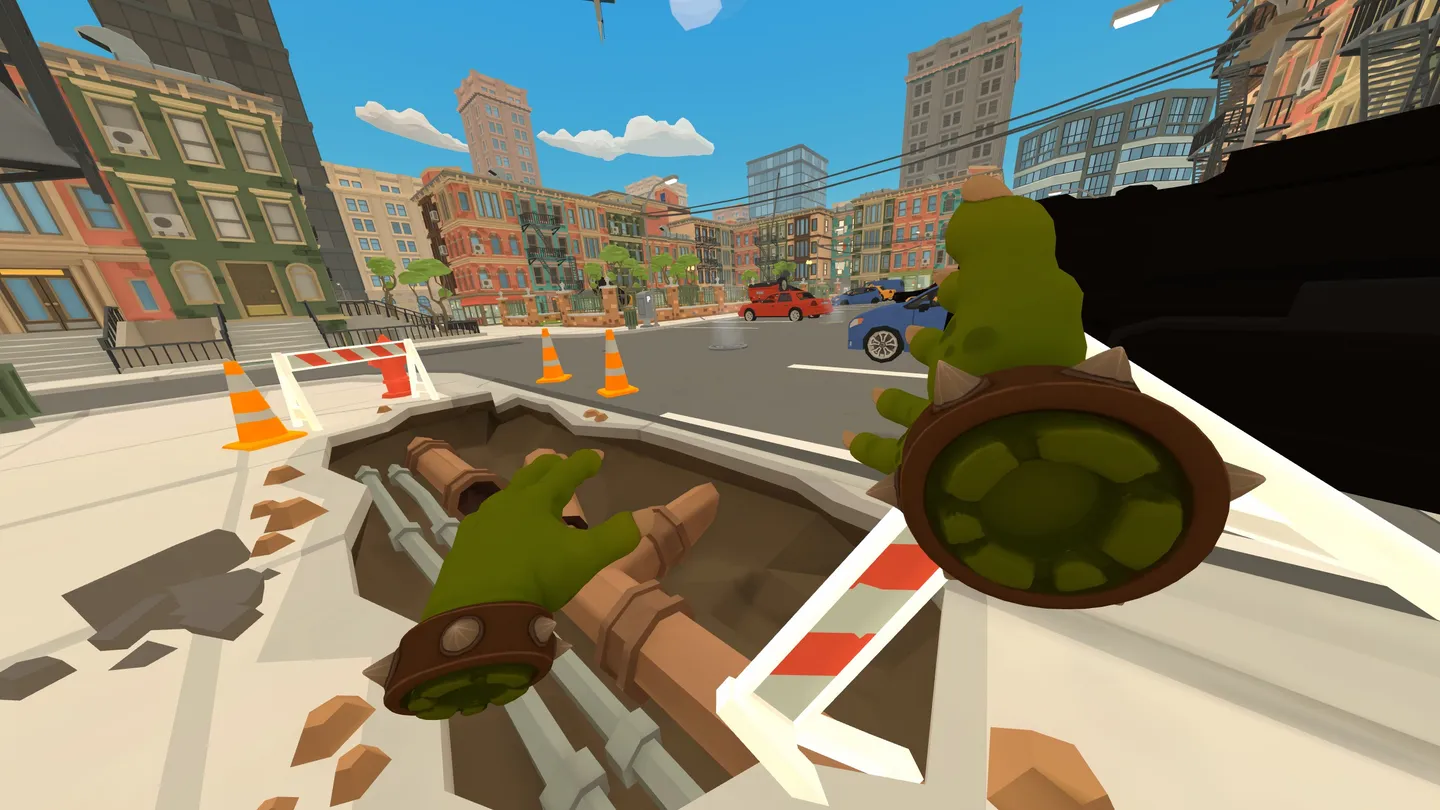 I'm Monster hands beside a city street excavation